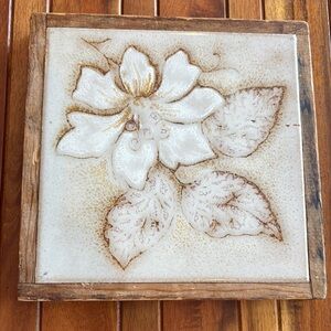 Vintage Floral Ceramic Tile with Wooden Frame Trivet Wall Hanging. Italy
